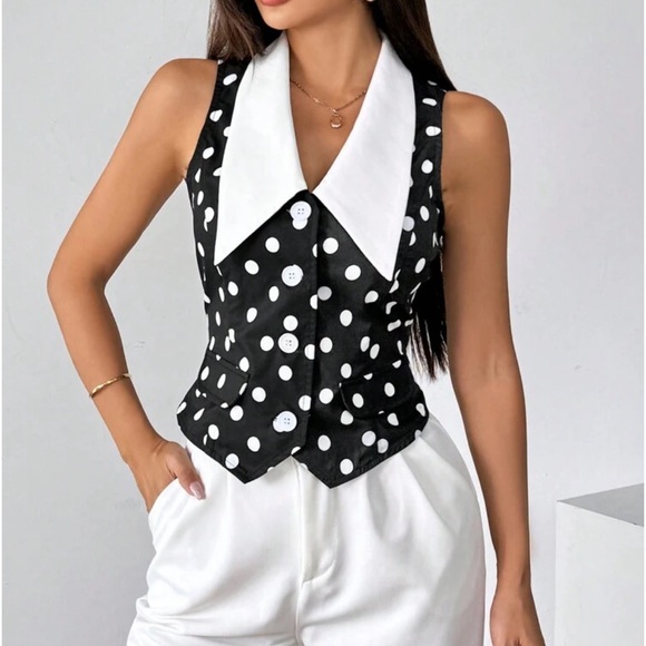 Classic Elegant Polka Dot Button Down Vest Office Work Top Black White - Picture 1 of 10